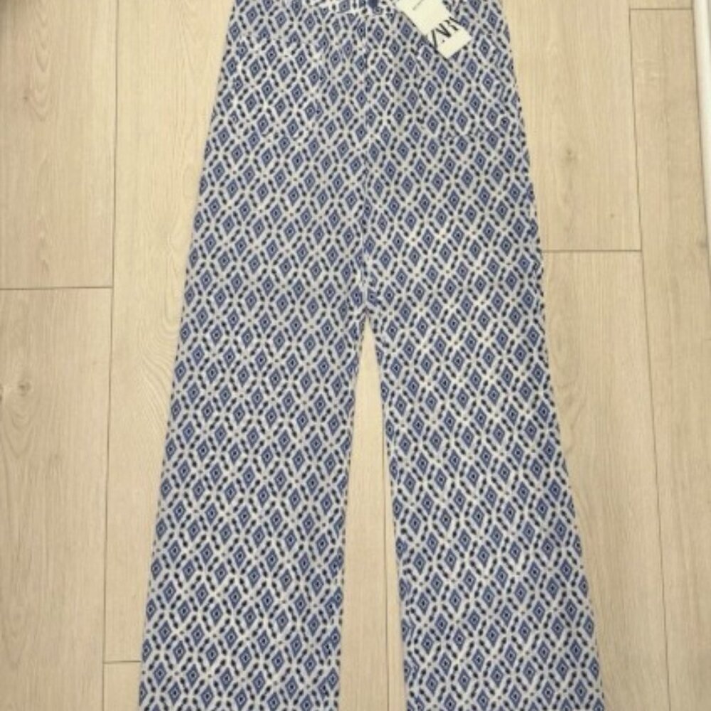 Zara Cotton Pants Geomtric Blue Size XS 3198/247/400 $50
